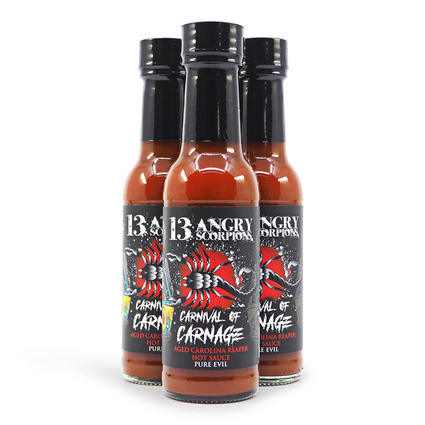 13 Angry Scorpions Carnival of Carnage Aged Carolina Reaper Hot Sauce 150ml ChilliBOM Hot Sauce Store Hot Sauce Club Australia Chilli Sauce Subscription Club Gifts SHU Scoville group