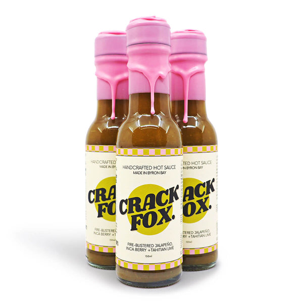 Crack Fox Fire-Blistered Jalapeno, Inca Berry + Tahitian Lime Hot Sauce 150ml ChilliBOM Hot Sauce Store Hot Sauce Club Australia Chilli Sauce Subscription Club Gifts SHU Scoville Byron Bay group