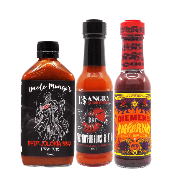 Aussie Hero Hot Sauce Bundle ChilliBOM Hot Sauce Store Australia Uncle Mungo's 13 Angry Scorpions Diemens bundle and save