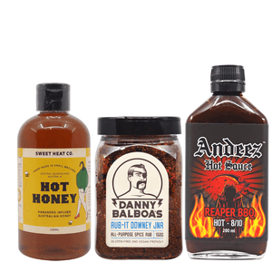 Aussie BBQ Hot Sauce Bundle ChilliBOM Hot Sauce store Australia scoville bbq barbecue Andeez Hot Sauce Danny Balboa Sweet Heat Hot Honey