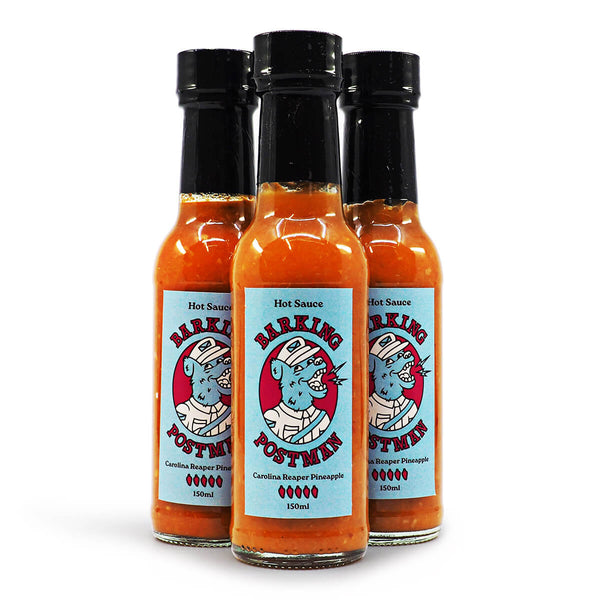 Barking Postman Carolina Reaper Pineapple Hot Sauce 150ml ChilliBOM Hot Sauce Store Hot Sauce Club Australia Chilli Sauce Subscription Club Gifts SHU Scoville group