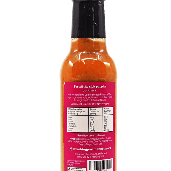 Barking Postman Carolina Reaper Pineapple Hot Sauce 150ml ChilliBOM Hot Sauce Store Hot Sauce Club Australia Chilli Sauce Subscription Club Gifts SHU Scoville nutrition