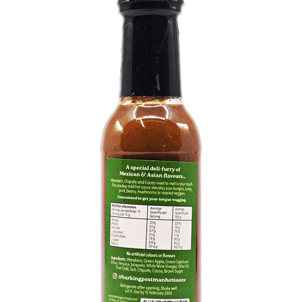 Barking Postman Chipotle Mandarin Cacao Hot Sauce 150ml ChilliBOM Hot Sauce Store Hot Sauce Club Australia Chilli Sauce Subscription Club Gifts SHU Scoville nutrition