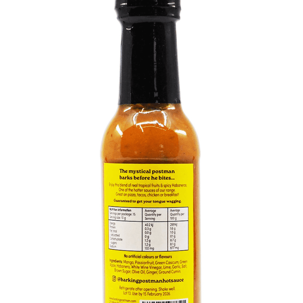 Barking Postman Habanero Mango Passion Hot Sauce 150ml ChilliBOM Hot Sauce Store Hot Sauce Club Australia Chilli Sauce Subscription Club Gifts SHU Scoville nutrition