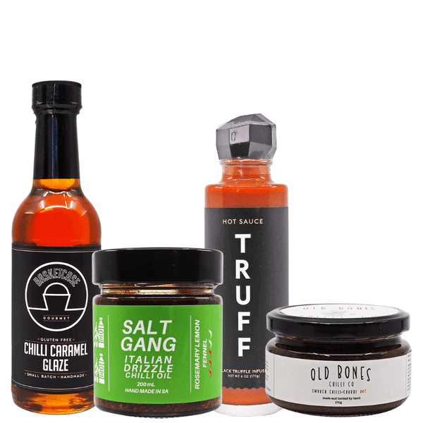 Posh Chilli Bundle available at ChilliBOM hot sauce store Australia Basketcase Glaze, Salt Gang chilli oil, Old Bones smoked habanero salt and truff hot sauce