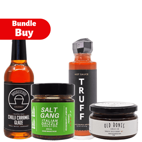 Posh Chilli Bundle available at ChilliBOM hot sauce store Australia Basketcase Glaze, Salt Gang chilli oil, Old Bones smoked habanero salt and truff hot sauce lozenge