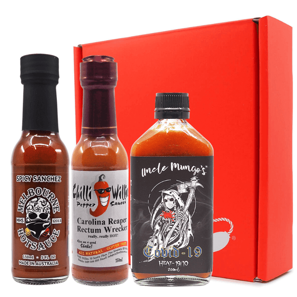 ChilliBOM Insanity Hot Sauce gift pack hottest hot sauce carolina reaper hot ones hot sauce club chilli sauce hottest hot sauce million scoville unique gifts berry 13 Angry Scorpions Chilli Willies hottest hot sauce