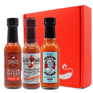 ChilliBOM Insanity Hot Sauce gift pack hottest hot sauce carolina reaper hot ones hot sauce club chilli sauce hottest hot sauce million scoville unique gifts berry 13 Angry Scorpions Chilli Willies hottest hot sauce