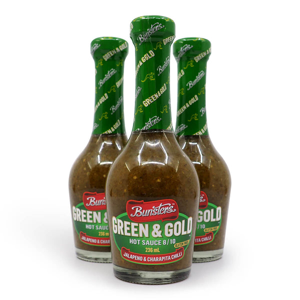 Bunsters Green & Gold Hot Sauce 236ml ChilliBOM Hot Sauce Store Hot Sauce Club Australia Chilli Sauce Subscription Club Gifts SHU Scoville group