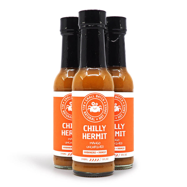 Chilly Hermit Mango Unchained Hot Sauce 150ml ChilliBOM Hot Sauce Store Hot Sauce Club Australia Chilli Sauce Subscription Club Gifts SHU Scoville group