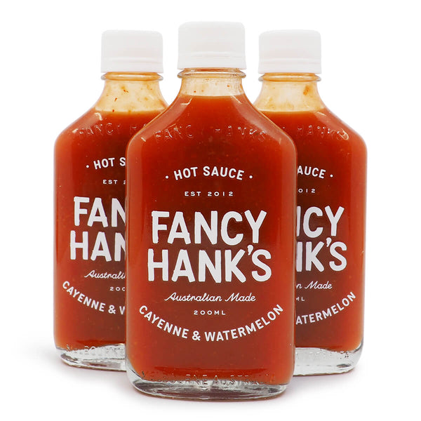 Fancy Hank's Cayenne & Watermelon 200ml ChilliBOM Hot Sauce Store Hot Sauce Club Australia Chilli Sauce Subscription Club Gifts SHU Scoville group