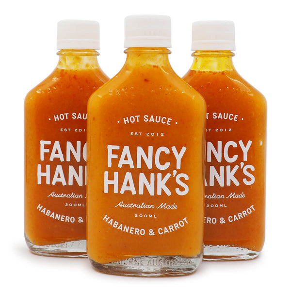 Fancy Hank's Habanero & Carrot Hot Sauce 200ml ChilliBOM Hot Sauce Store Hot Sauce Club Australia Chilli Sauce Subscription Club Gifts SHU Scoville group