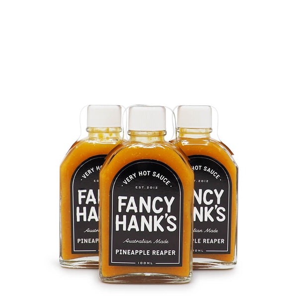 Fancy Hank's Pineapple Reaper Very Hot Sauce 100ml ChilliBOM Hot Sauce Store Hot Sauce Club Australia Chilli Sauce Subscription Club Gifts SHU Scoville group