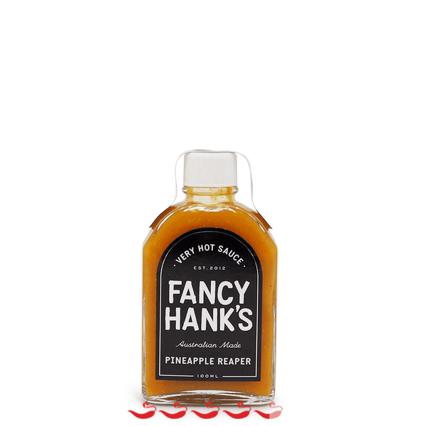 Fancy Hank's Pineapple Reaper Very Hot Sauce 100ml ChilliBOM Hot Sauce Store Hot Sauce Club Australia Chilli Sauce Subscription Club Gifts SHU Scoville