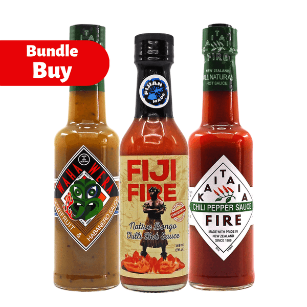ChilliBOM South Pacific Hot Sauce Bundle Fiji Fire, Kaitaia Fire, Kiwi, Habanero, scoville bundle